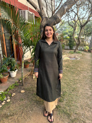 Green self design collar woollen kurta