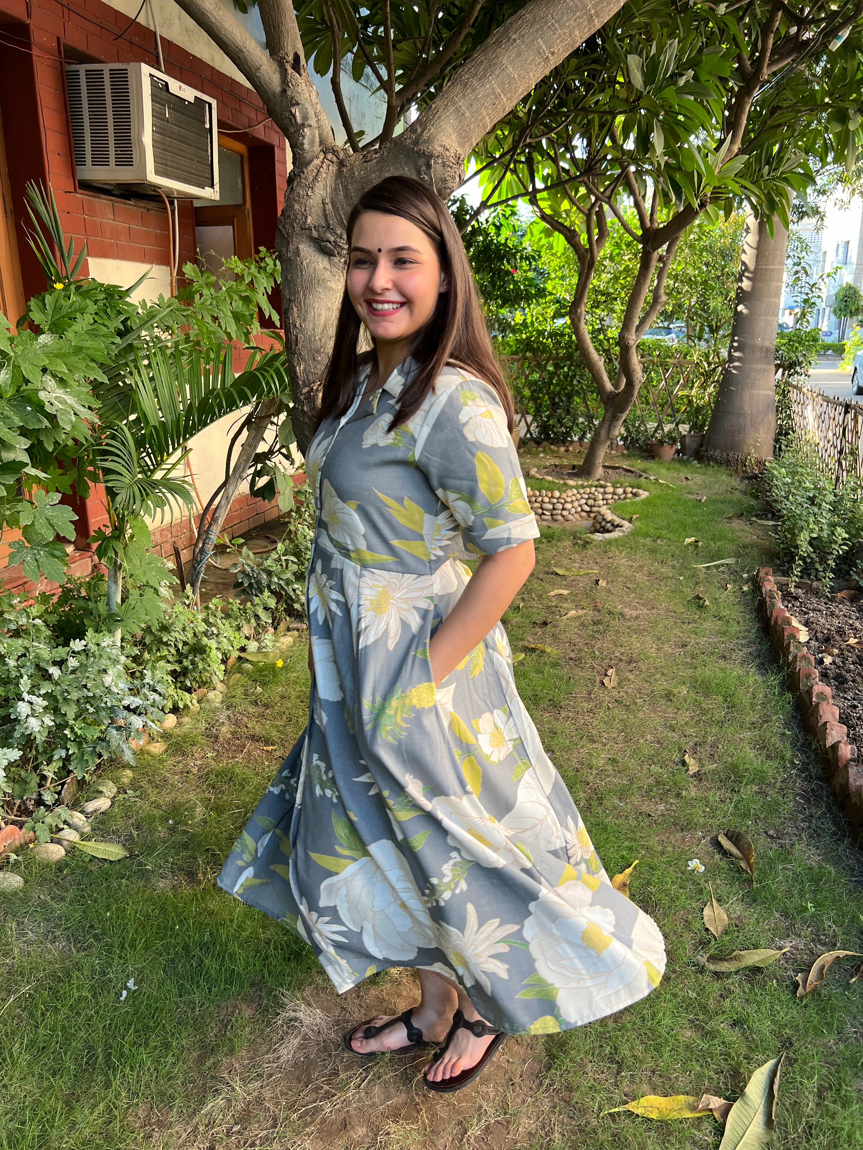 Grey Floral dress with collar - MYSANSKRITAM