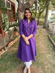 Purple embroidered yoke A-line kurta with pockets