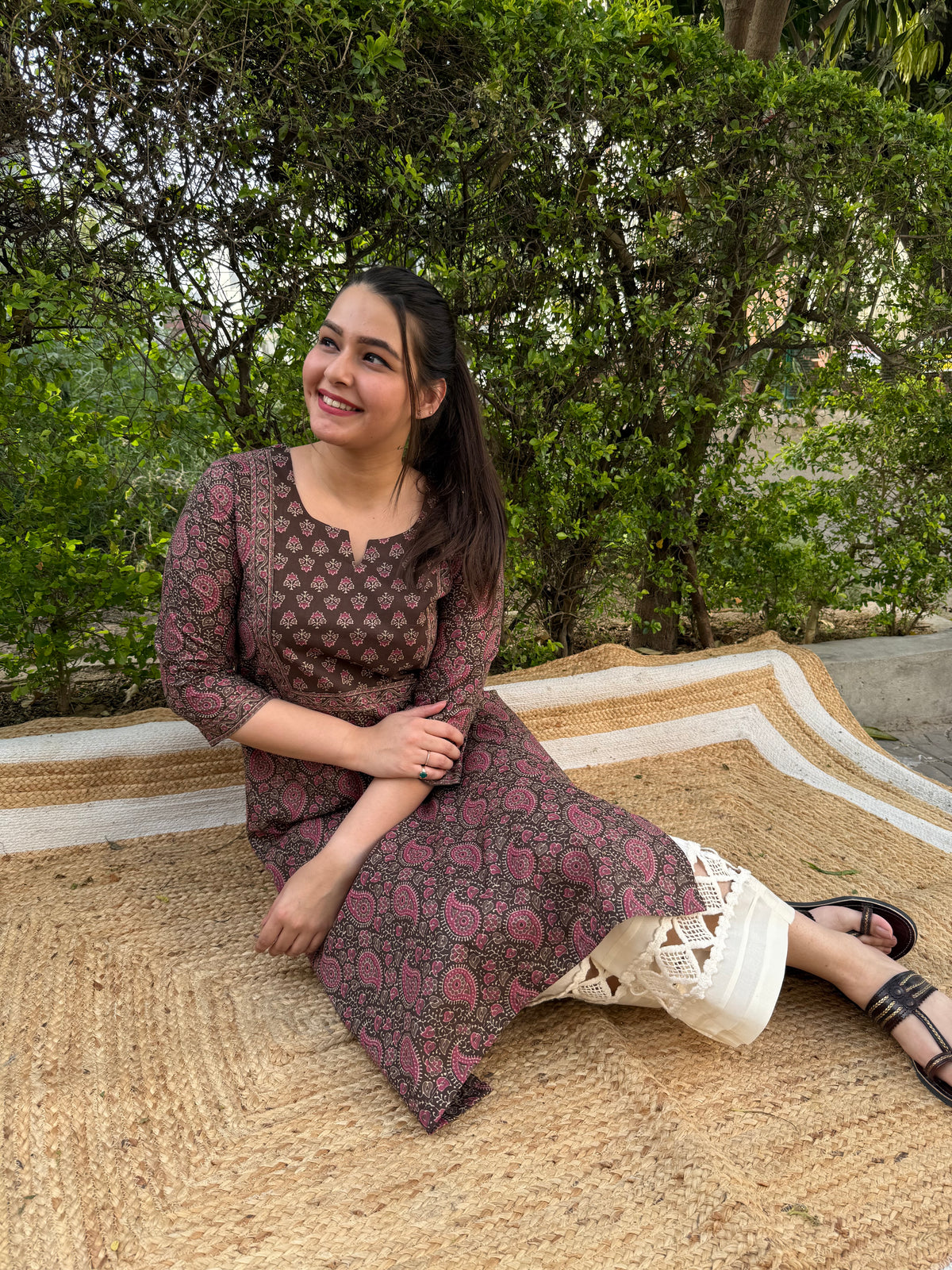 Brown ambi floral yoke kurta