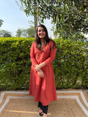 Rust Aline kurta with embroidered yoke on neck