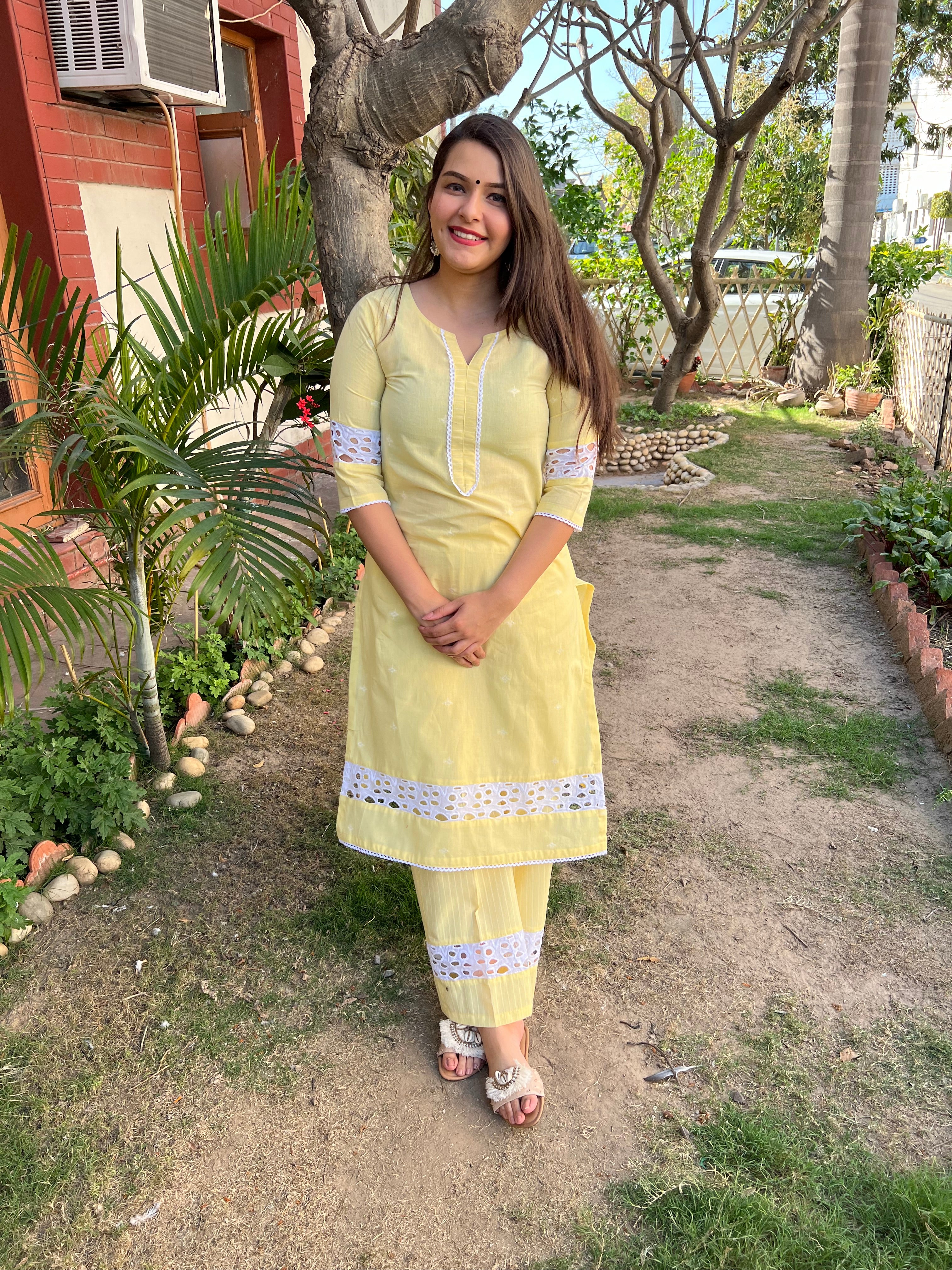 Lemon Chikan Lace Kurta - MYSANSKRITAM