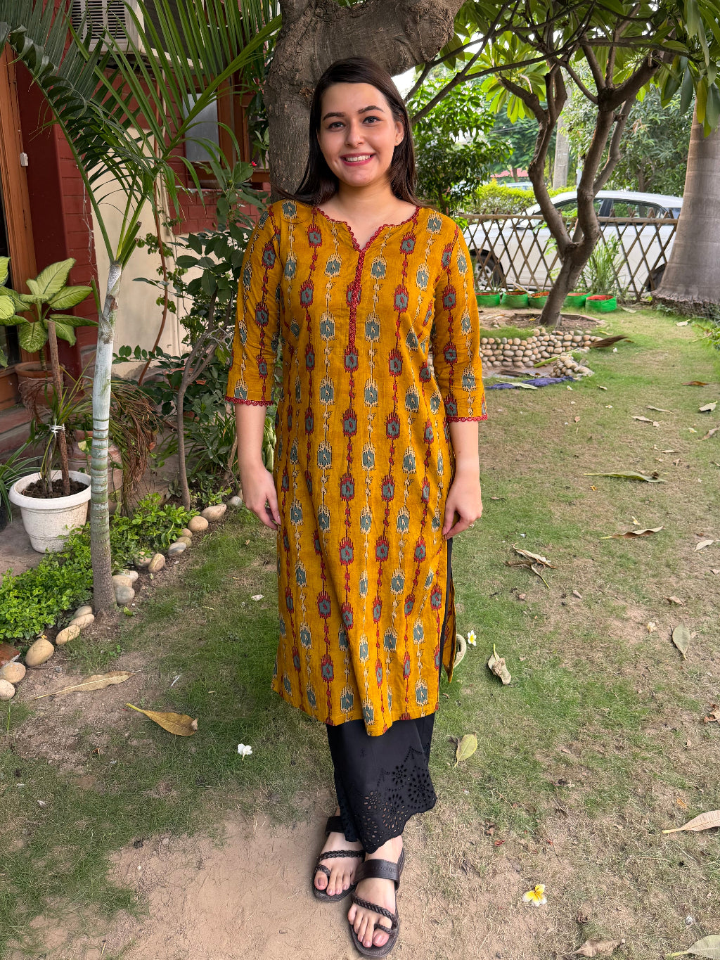 Deep mustard ikkat print kurta by MySanskritam