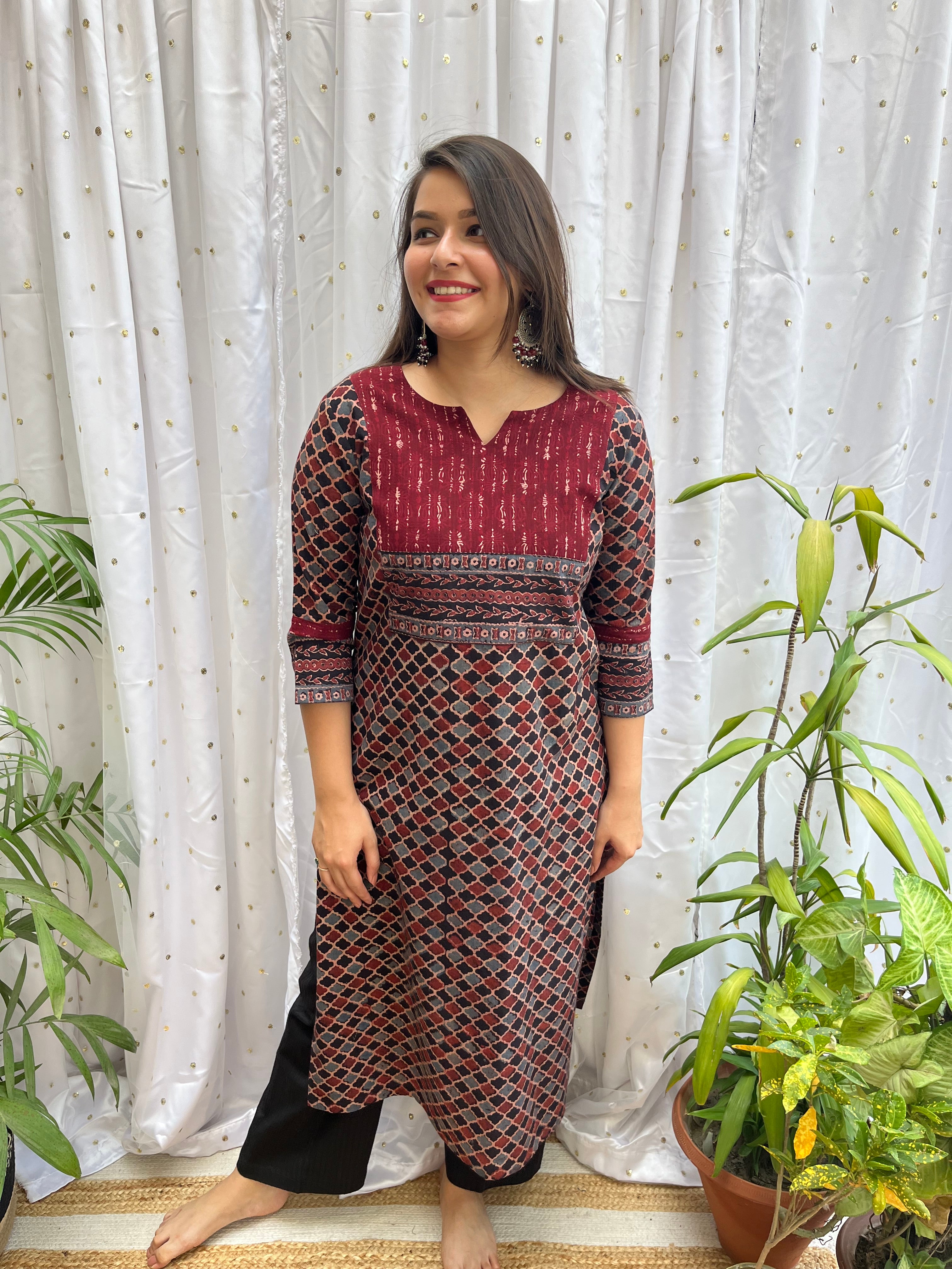 Grey Maroon Geometric yoke kurta - MYSANSKRITAM