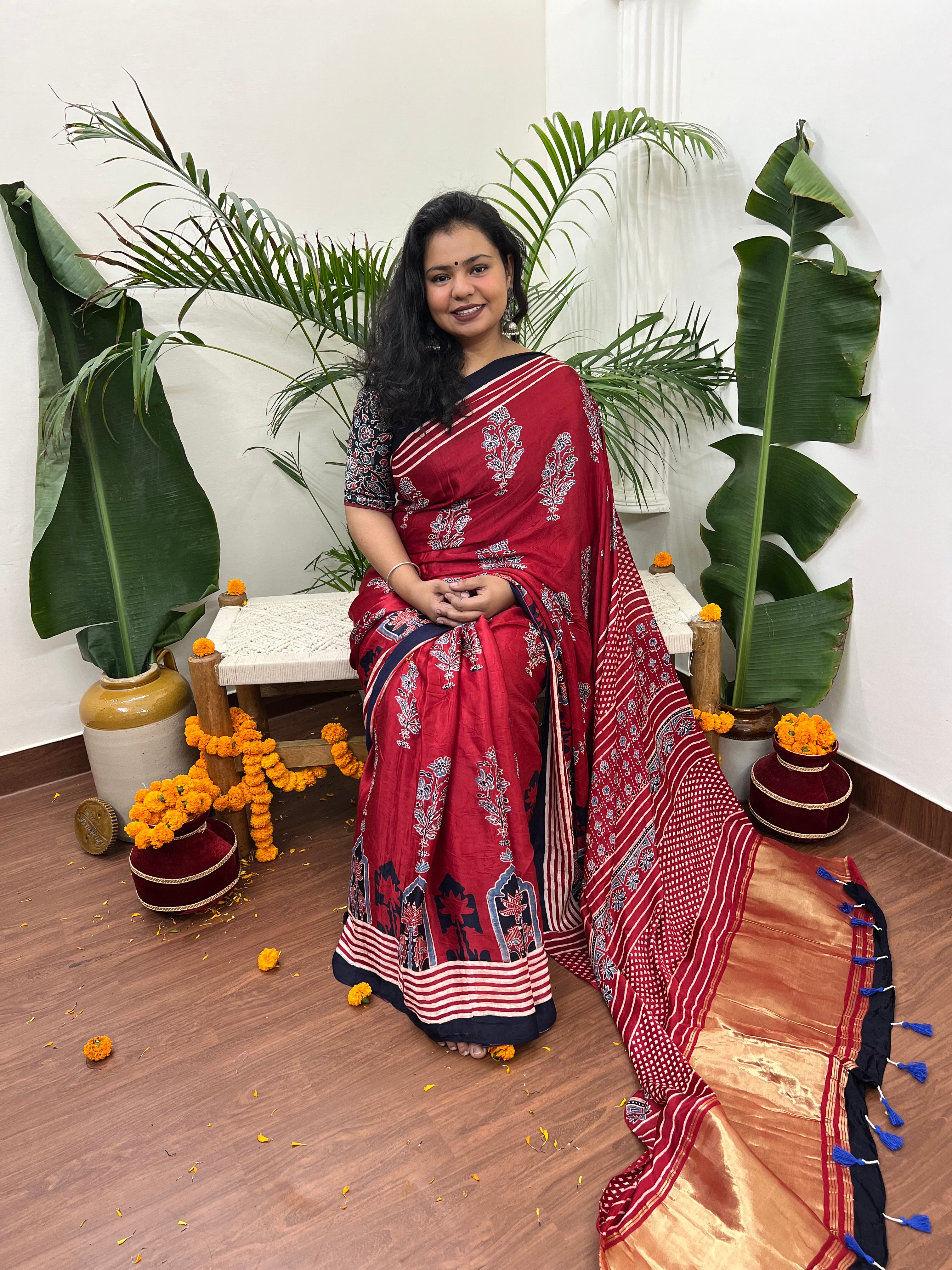 Maroon Modal flower bunch saree - MYSANSKRITAM