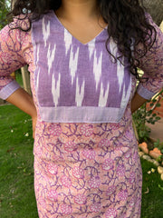 Lavender Handblock ikkat Yoke kurta