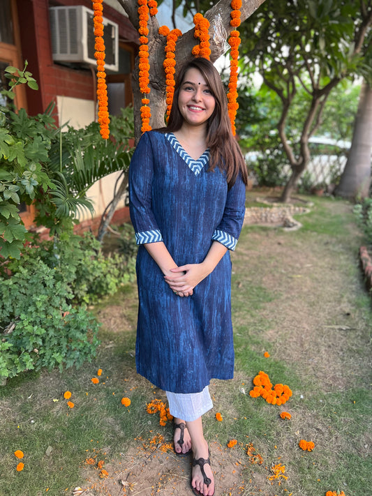 Indigo brush texture V neck kurta