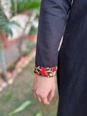 Black woollen embroidered Yoke kurta