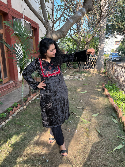 Black ajrakh velvet yoke kurta