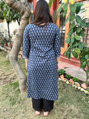 Blue flower printed lace kurta with border