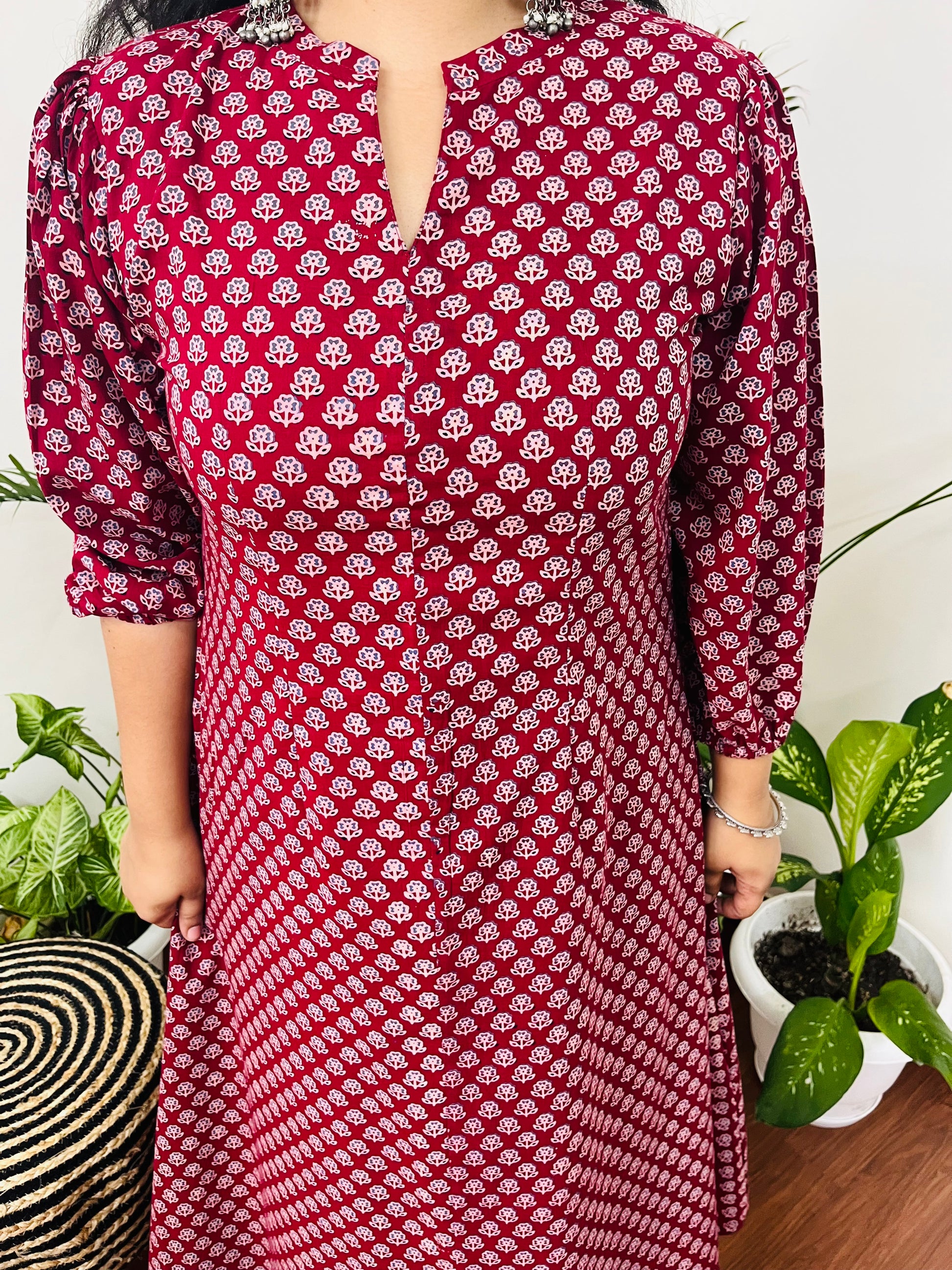 Maroon buti dress with pockets - MYSANSKRITAM