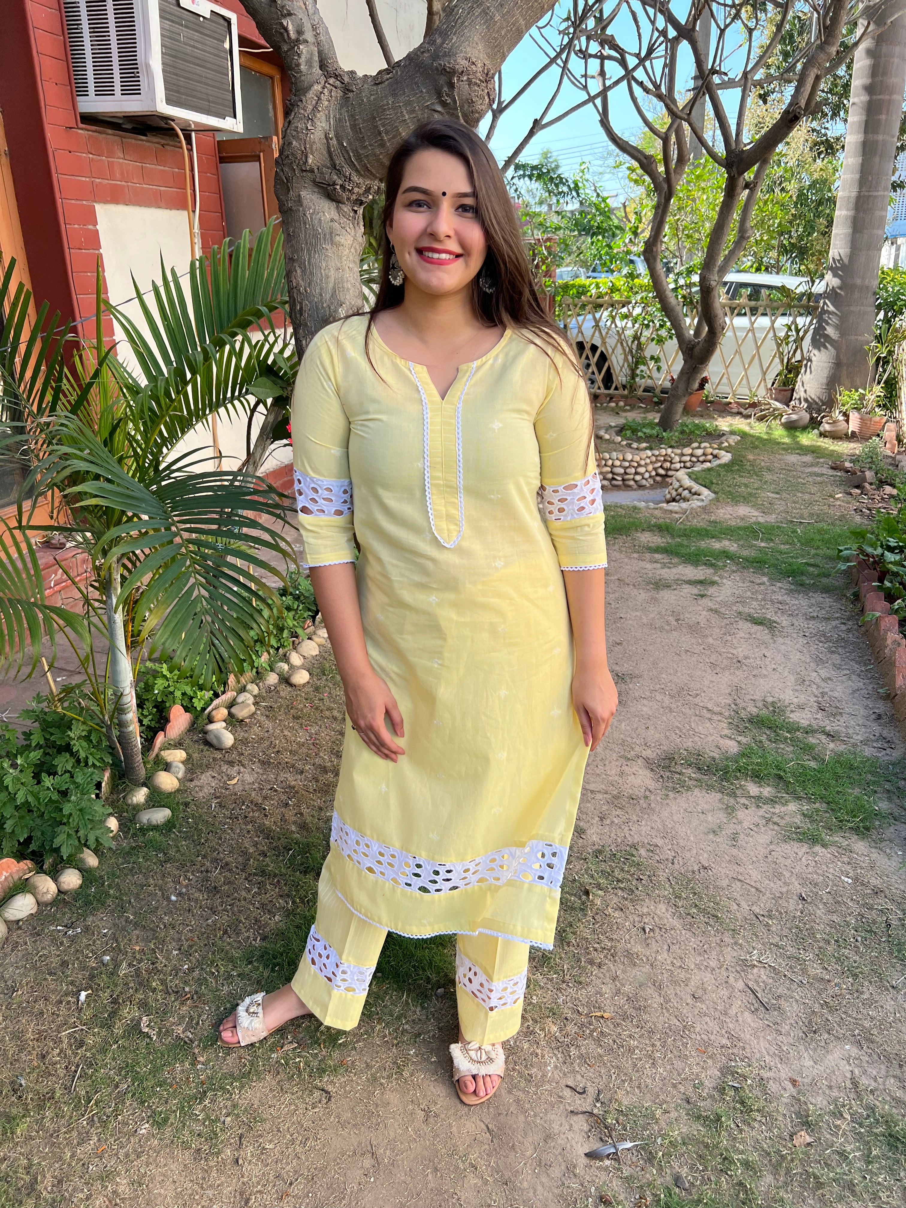 Lemon Chikan Lace Kurta - MYSANSKRITAM