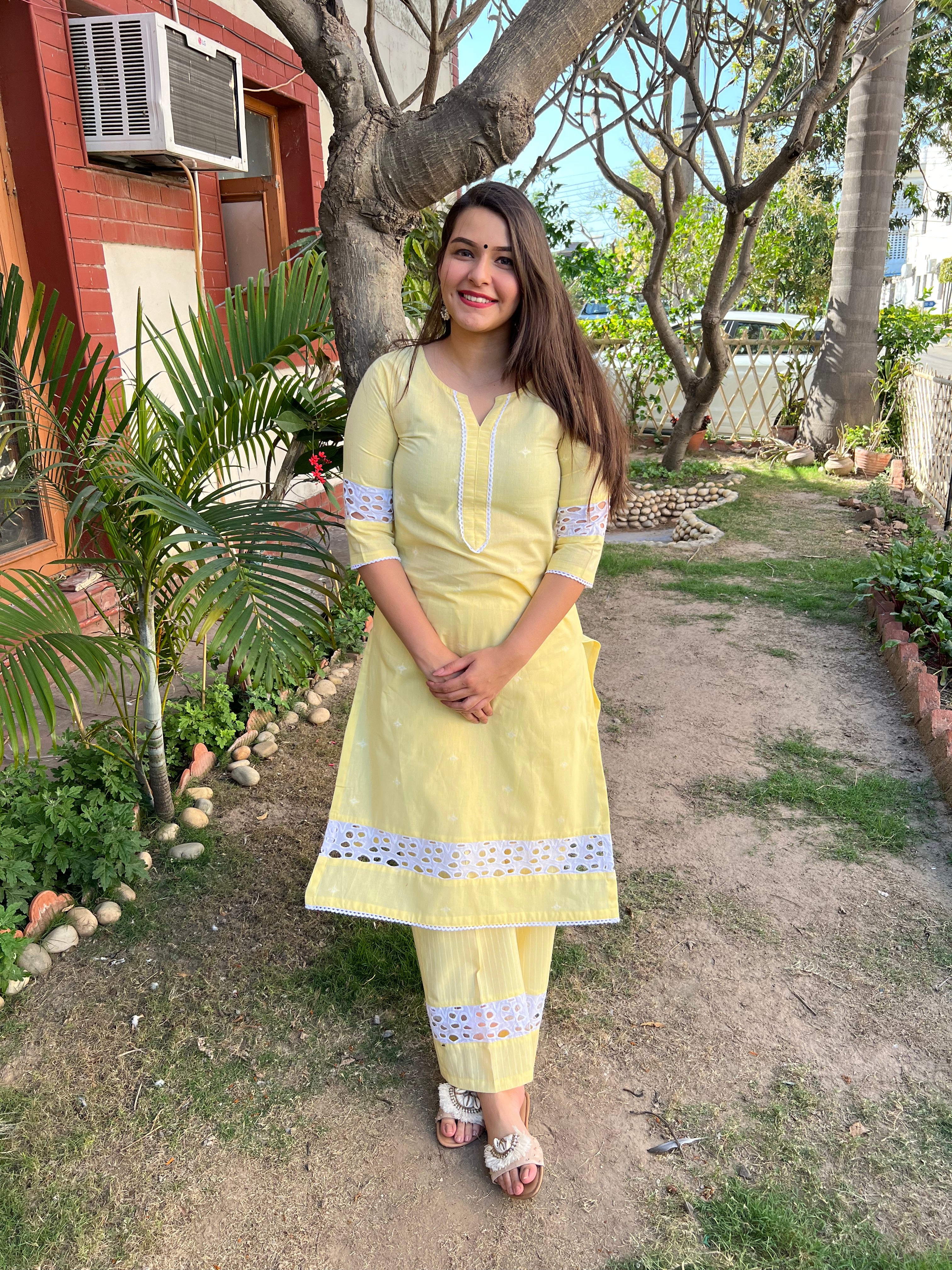 Lemon Chikan Lace Kurta - MYSANSKRITAM