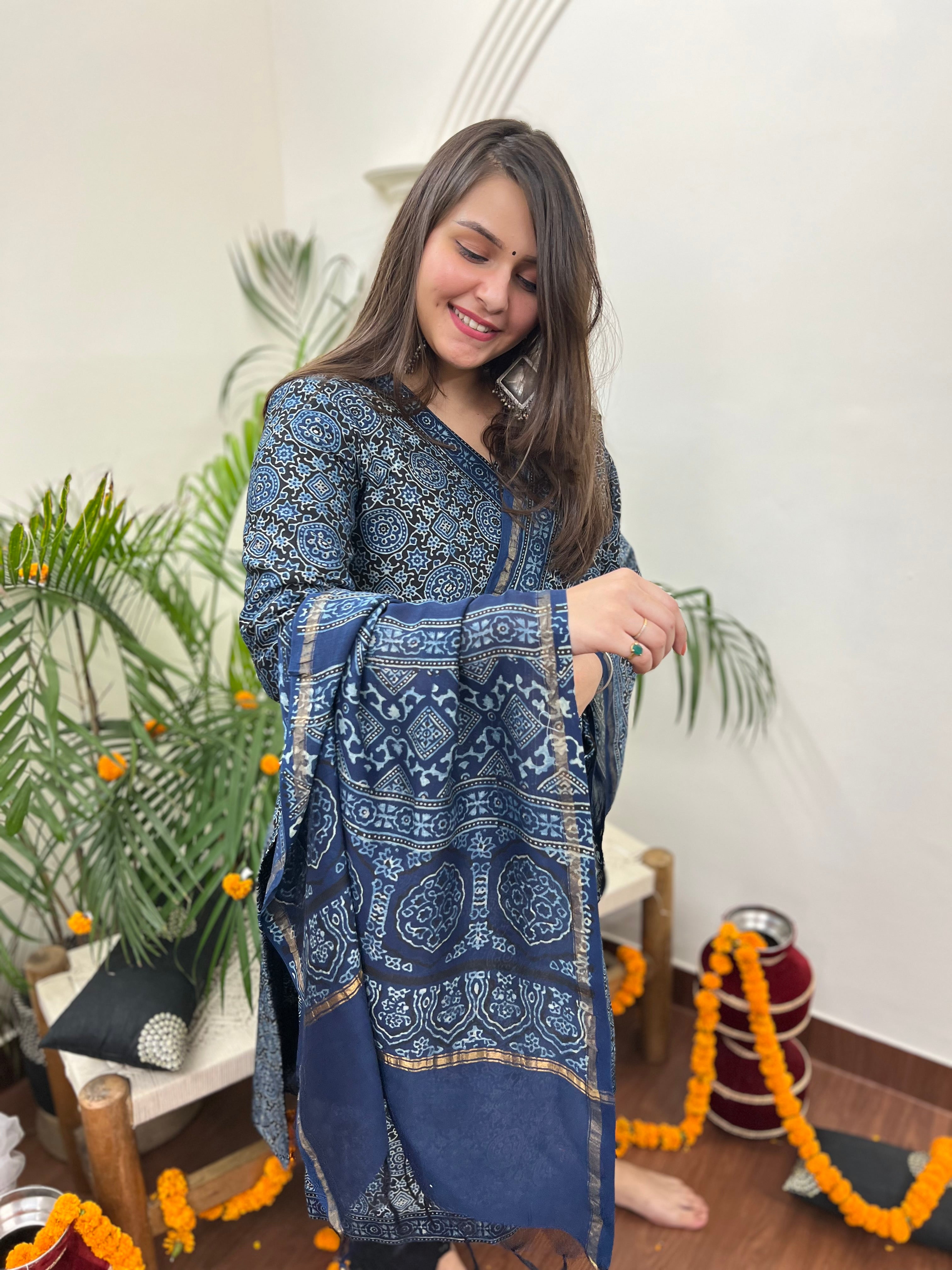 Ajrakh Chanderi Indigo kurta duppata set - MYSANSKRITAM