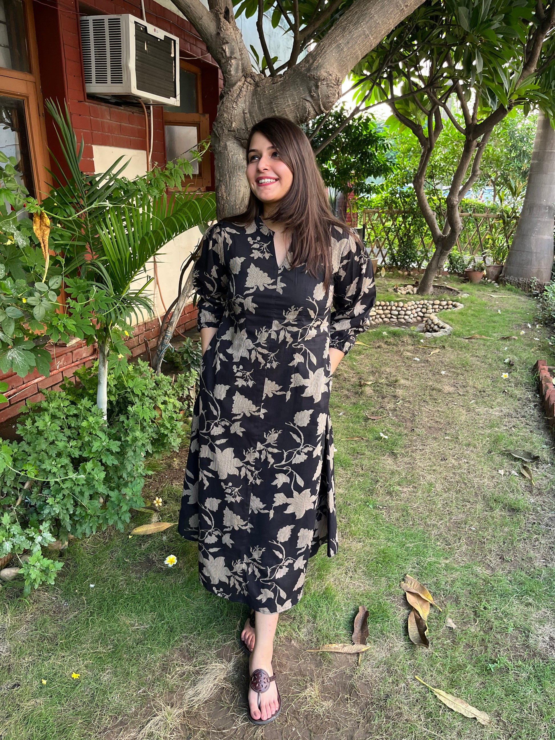 Black Floral dress with pockets - MYSANSKRITAM