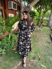 Black Floral dress with pockets - MYSANSKRITAM