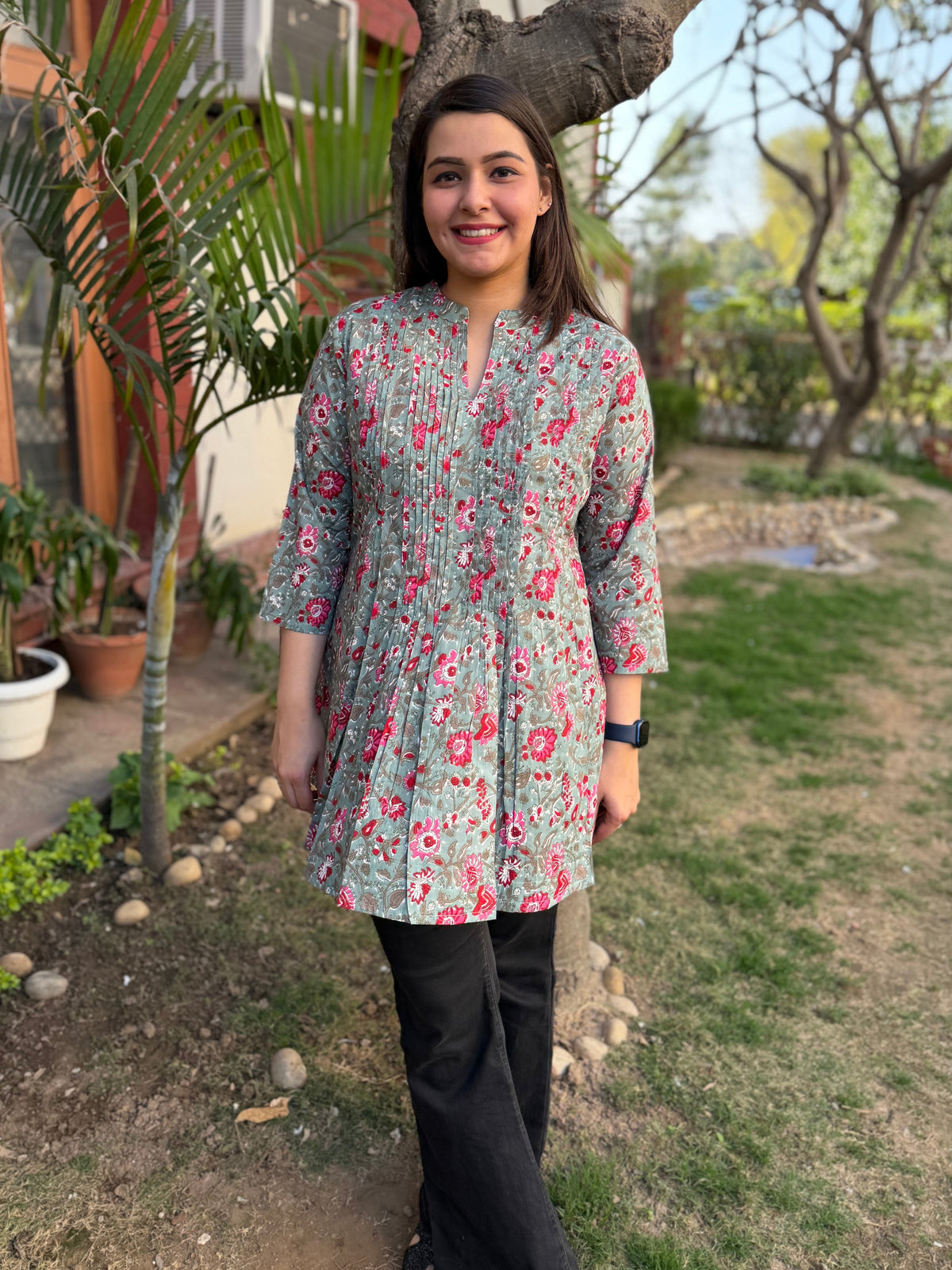 Pastel blue floral Pintucks top