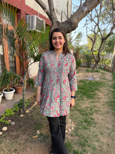 Pastel blue floral Pintucks top