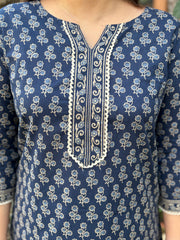 Blue flower printed lace kurta with border