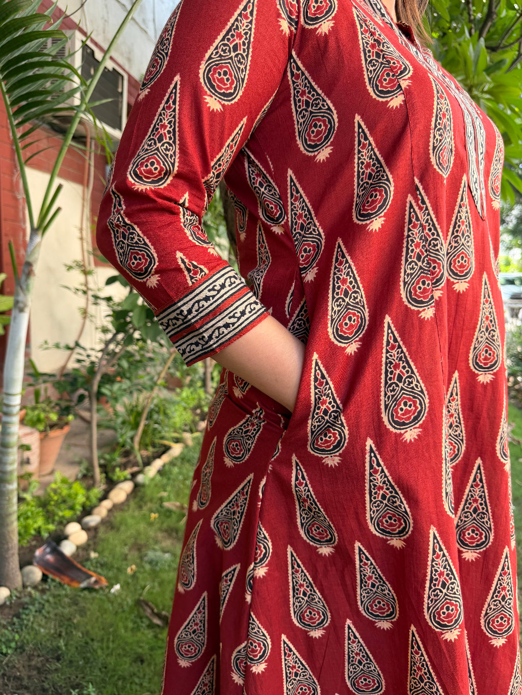 Maroon Leaf A-line Kurta with Pocket by MySanskritam