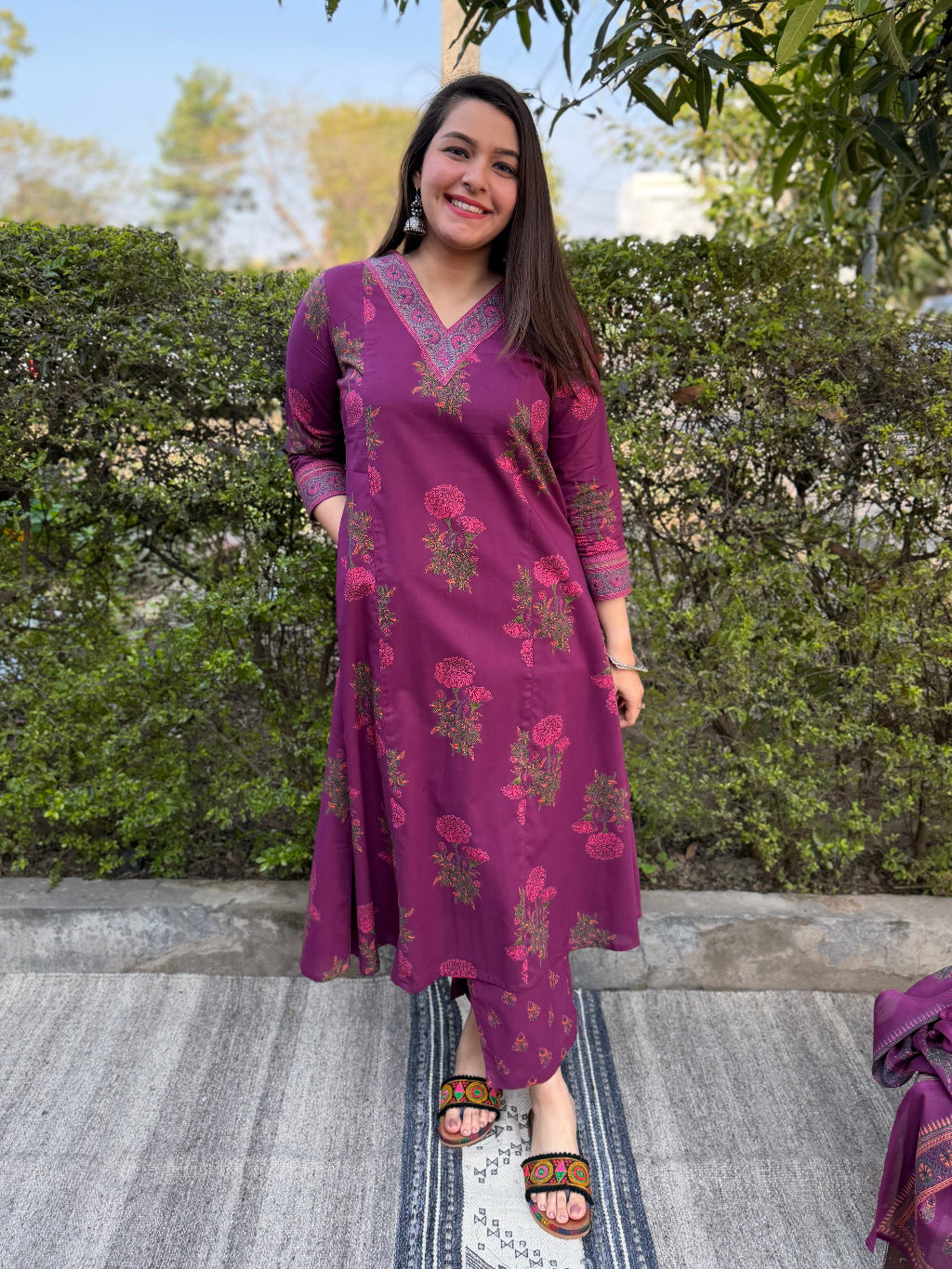 Wine Floral Aline Suit Set Kurta by Sanskritam