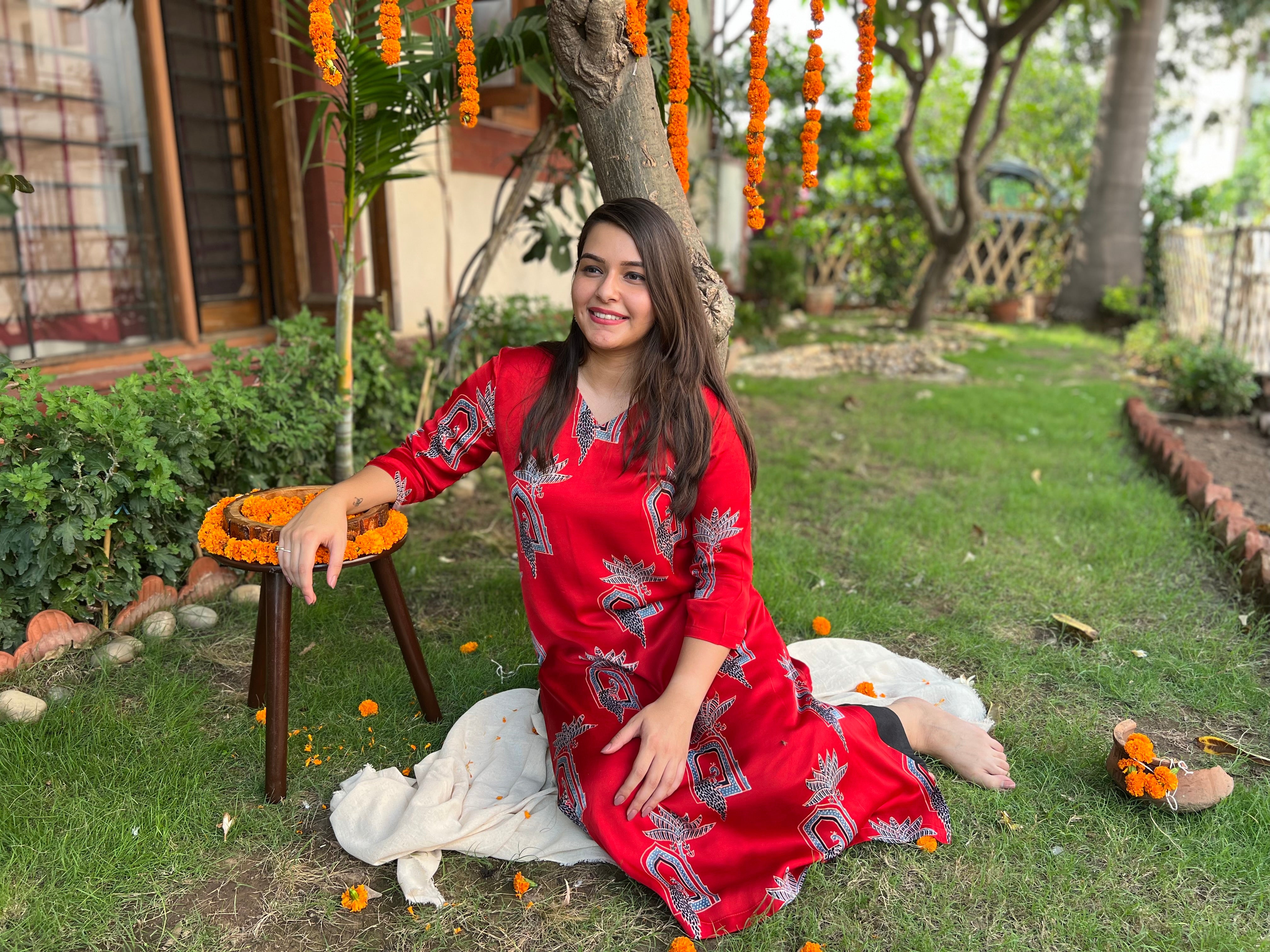 Bright Red Peacock Modal kurta - MYSANSKRITAM