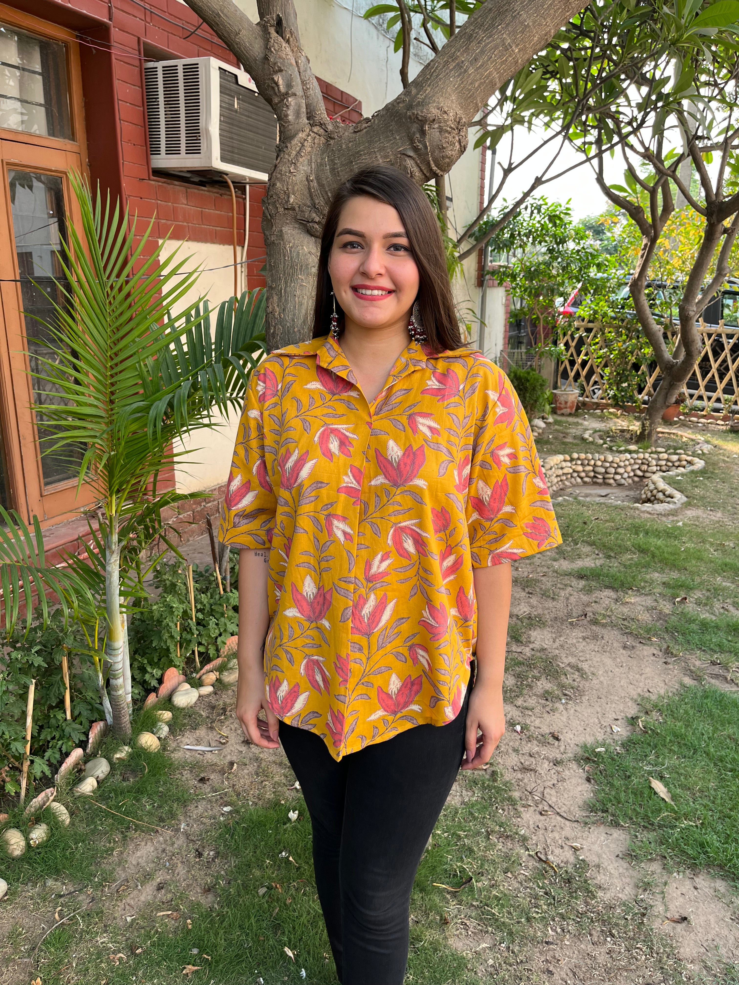 Mustard Floral Top - MYSANSKRITAM