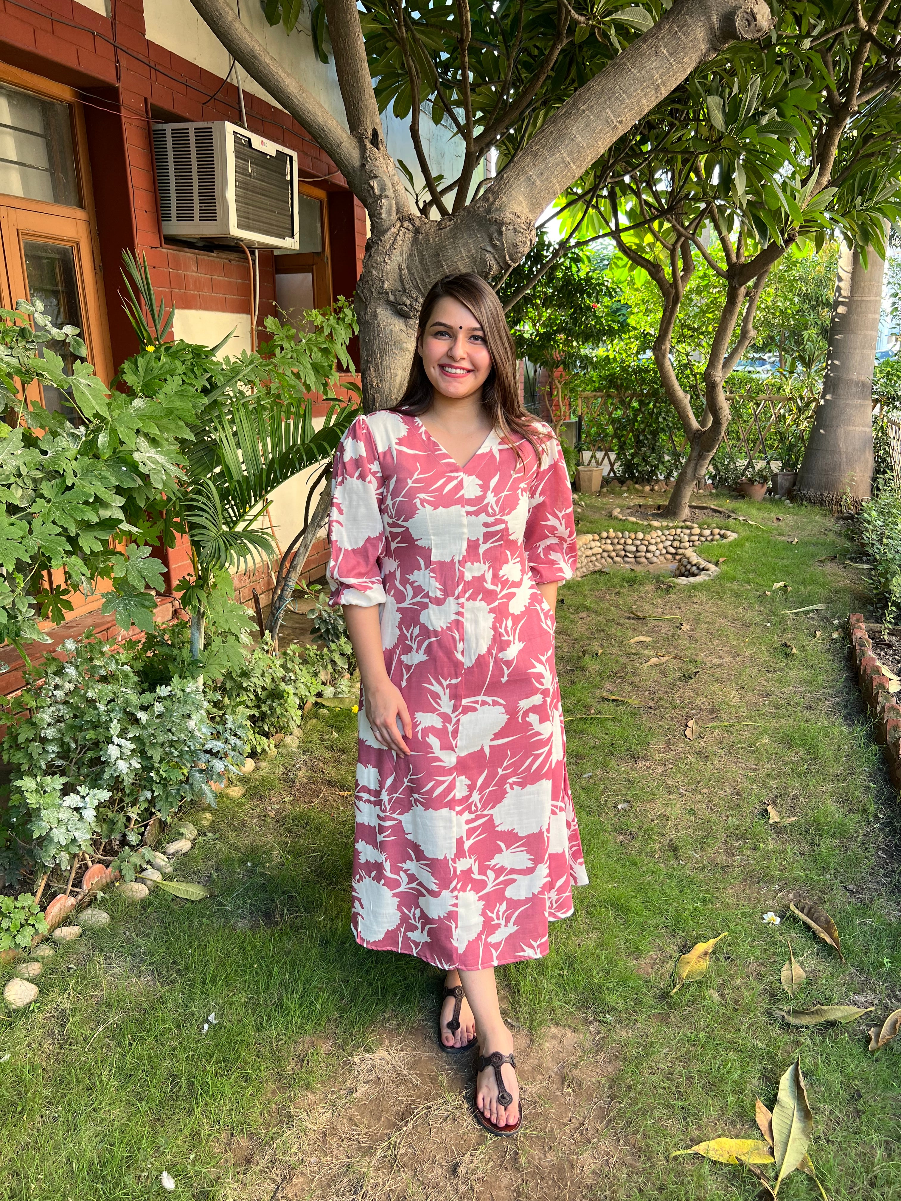 Pink White floral dress - MYSANSKRITAM