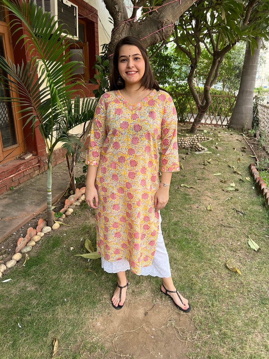 Lemon yellow handblock printed kurta