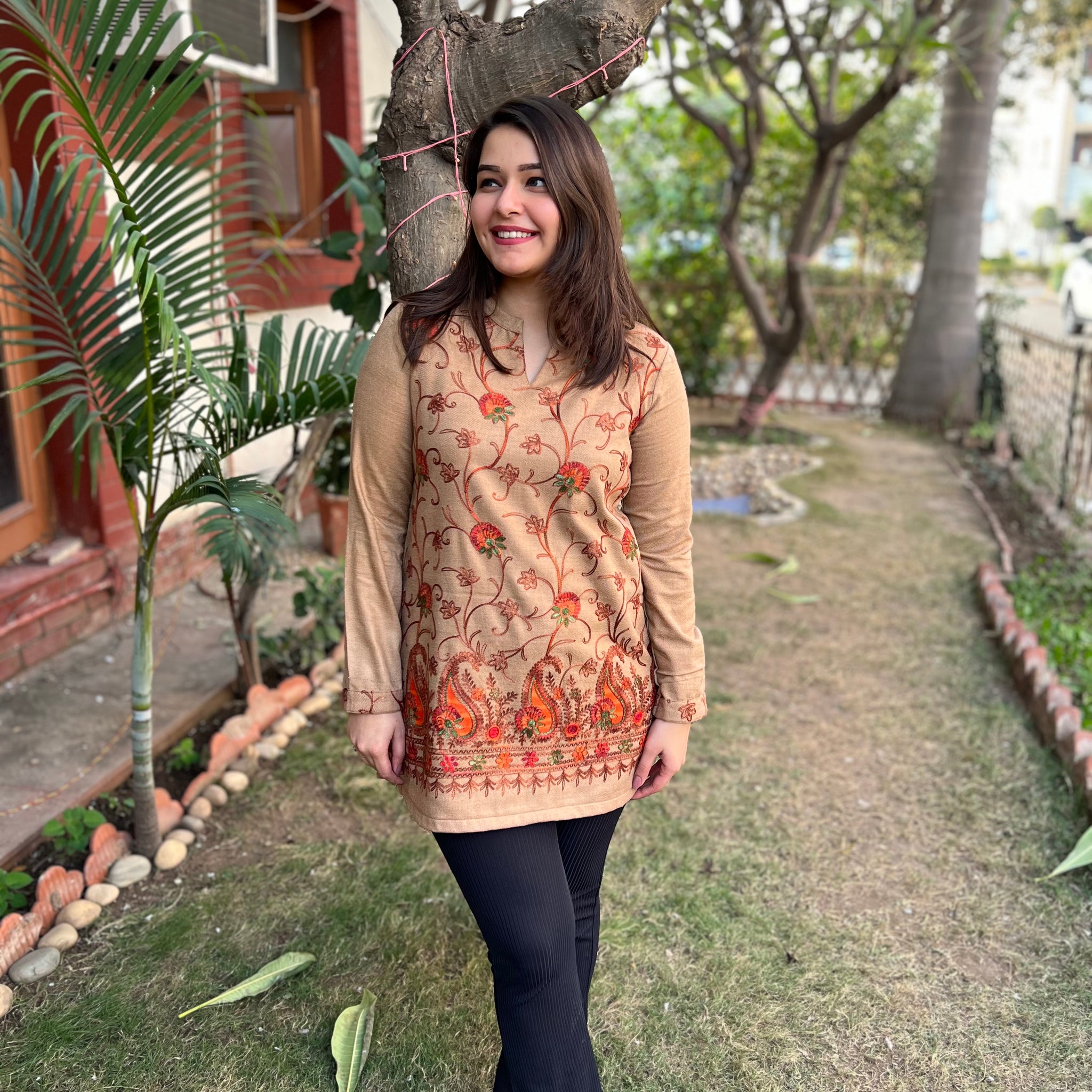 Camel color Kanni embroidered short kurti