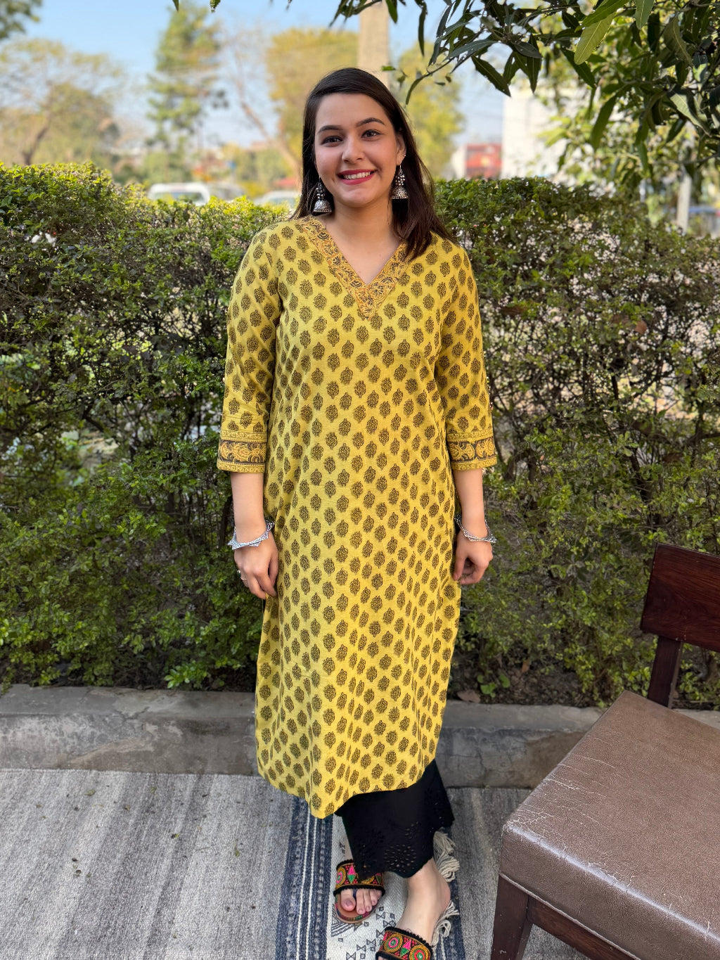 Lime Green Buta Handblock Kurta by Sanskritam