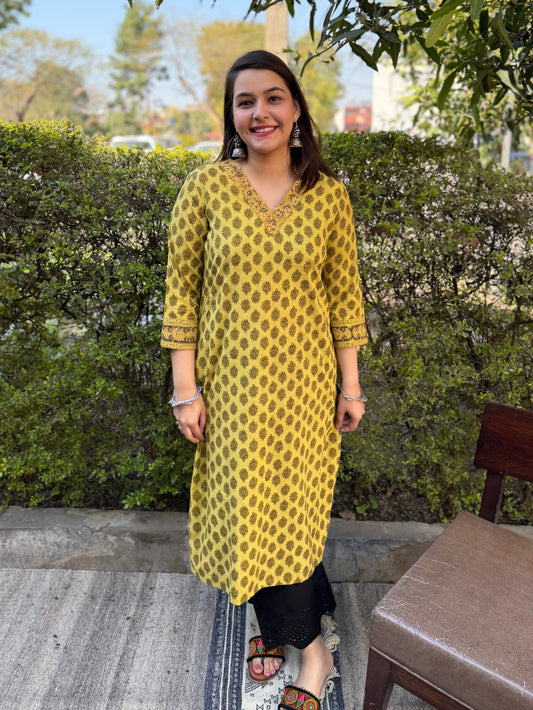 Lime Green Buta Handblock Kurta by Sanskritam