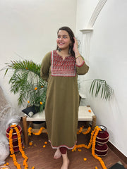 Mehendi embroidered yoke Long kurta - MYSANSKRITAM