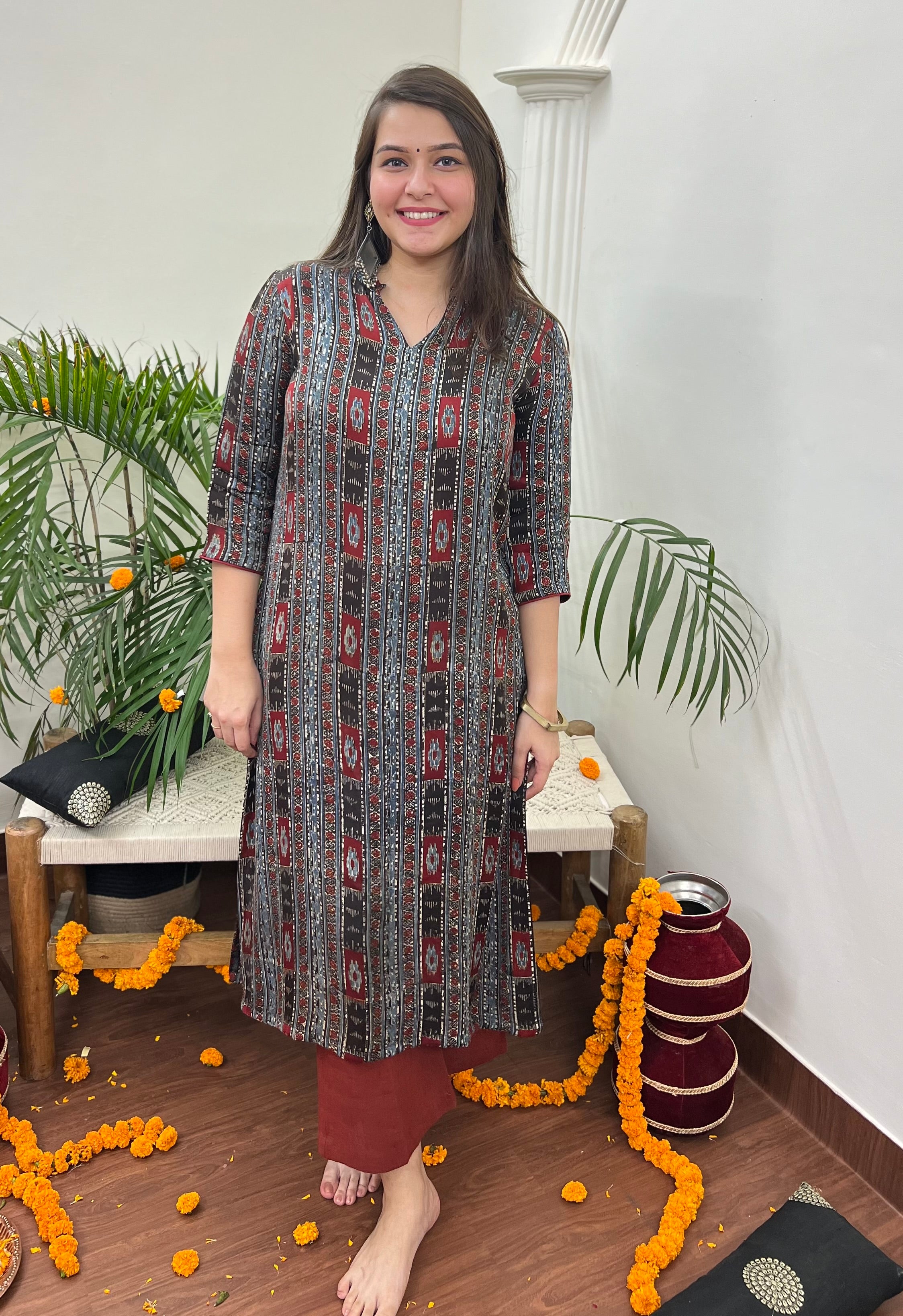 Premium Modal Maroon grey Modern print  Long kurta - MYSANSKRITAM