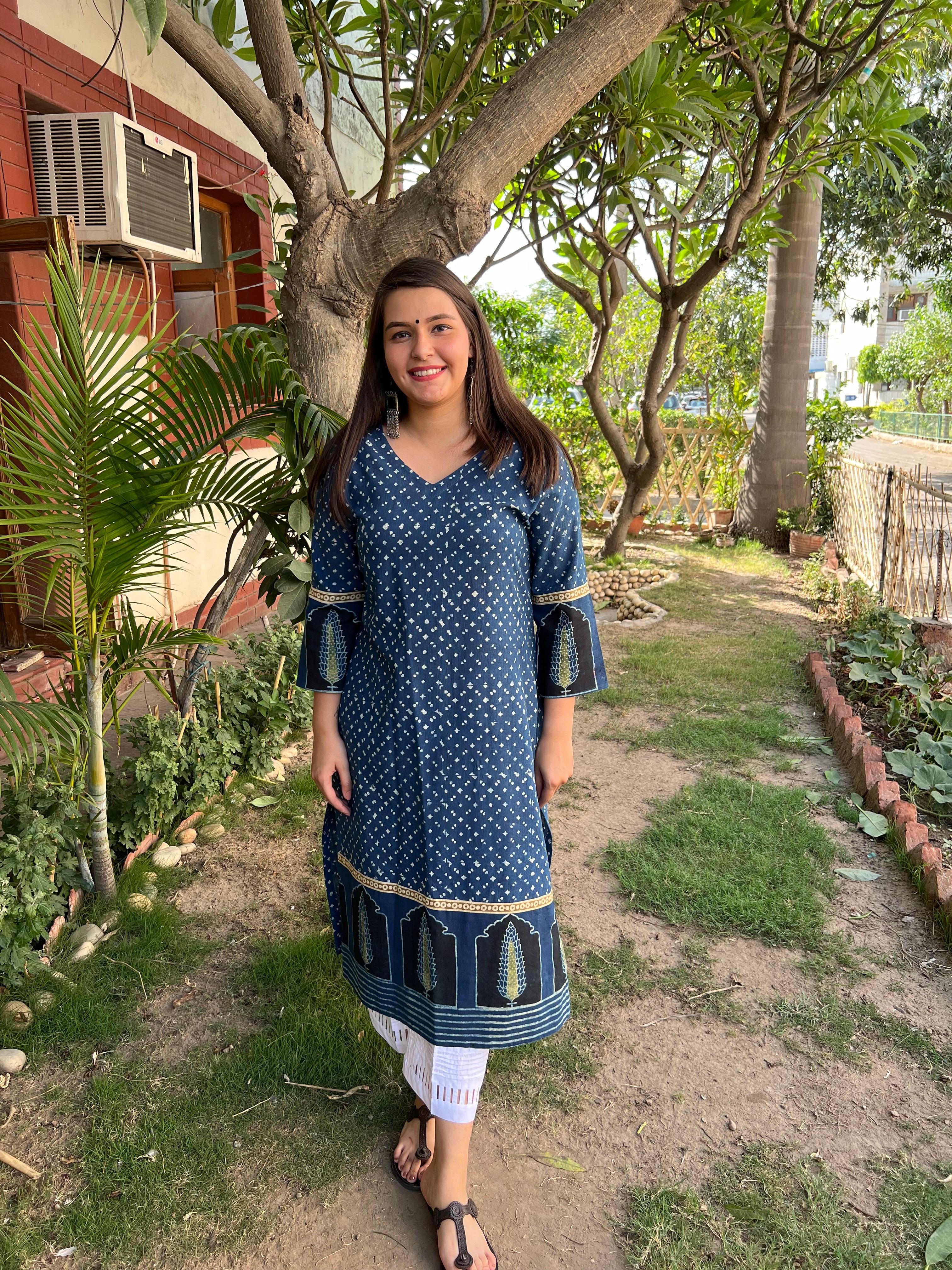 Indigo Ajrakh Border style designer Kurta - MYSANSKRITAM