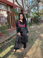 Black ajrakh velvet yoke kurta