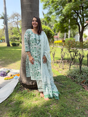 Sea Green floral handblock full suit set