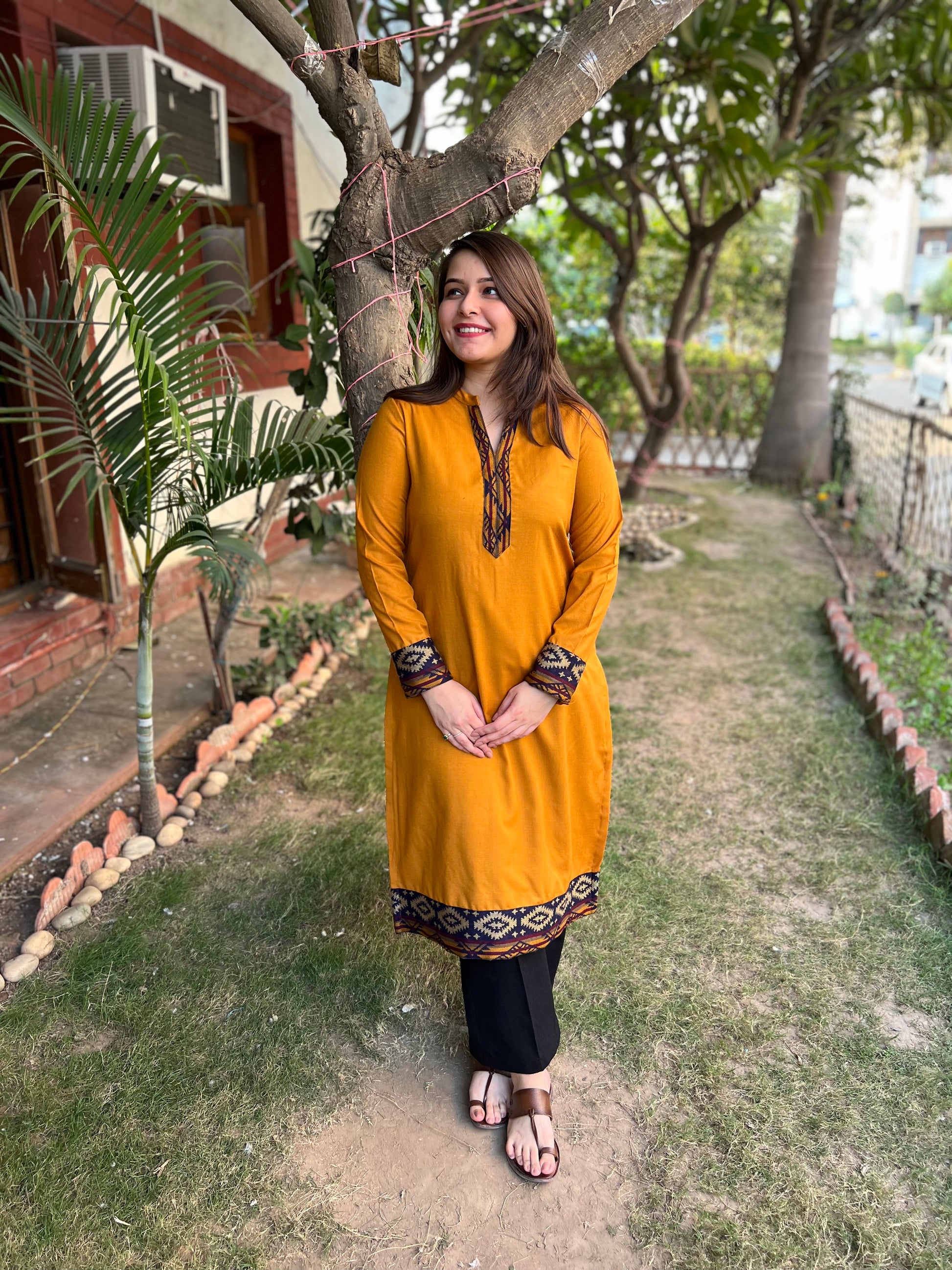 Mustard woollen Border kurta - MYSANSKRITAM