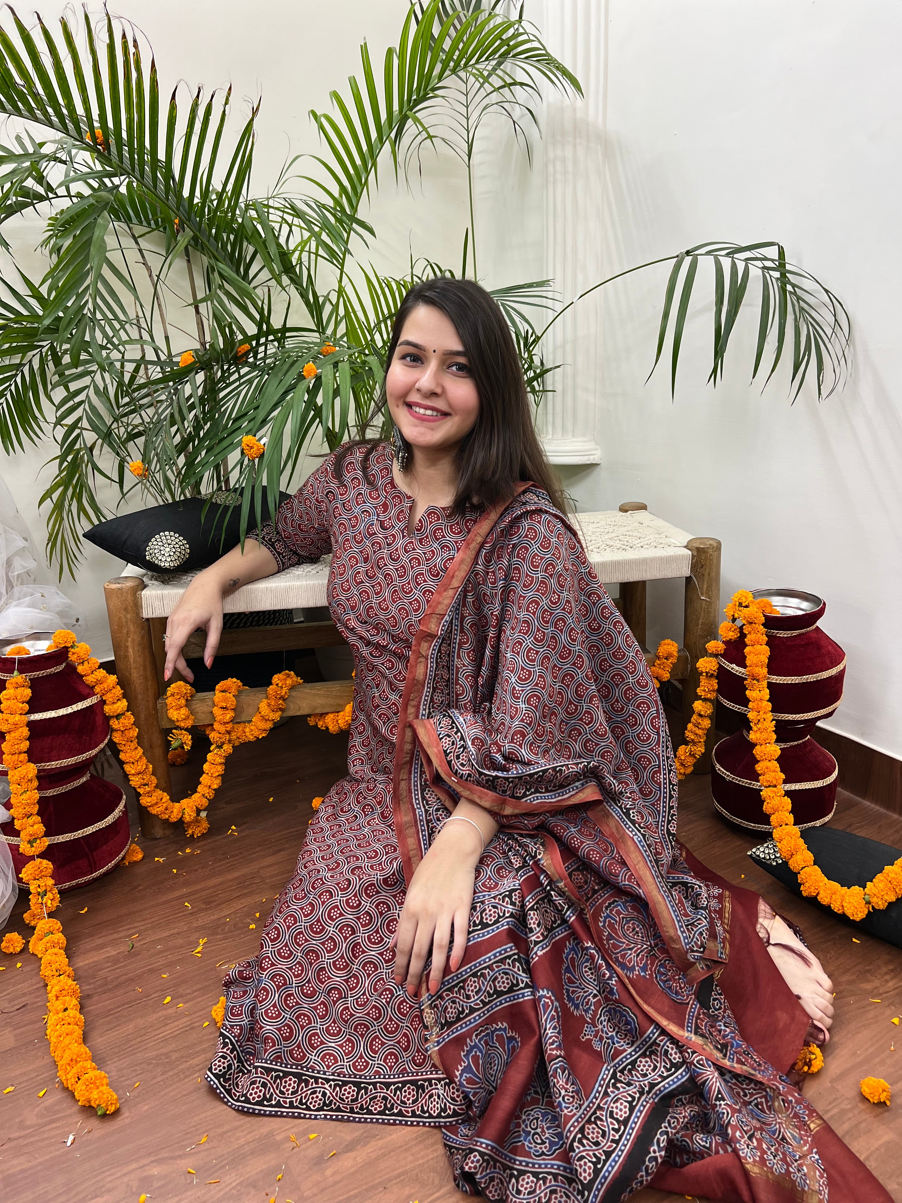 Ajrakh Chanderi Maroon kurta duppata set - MYSANSKRITAM