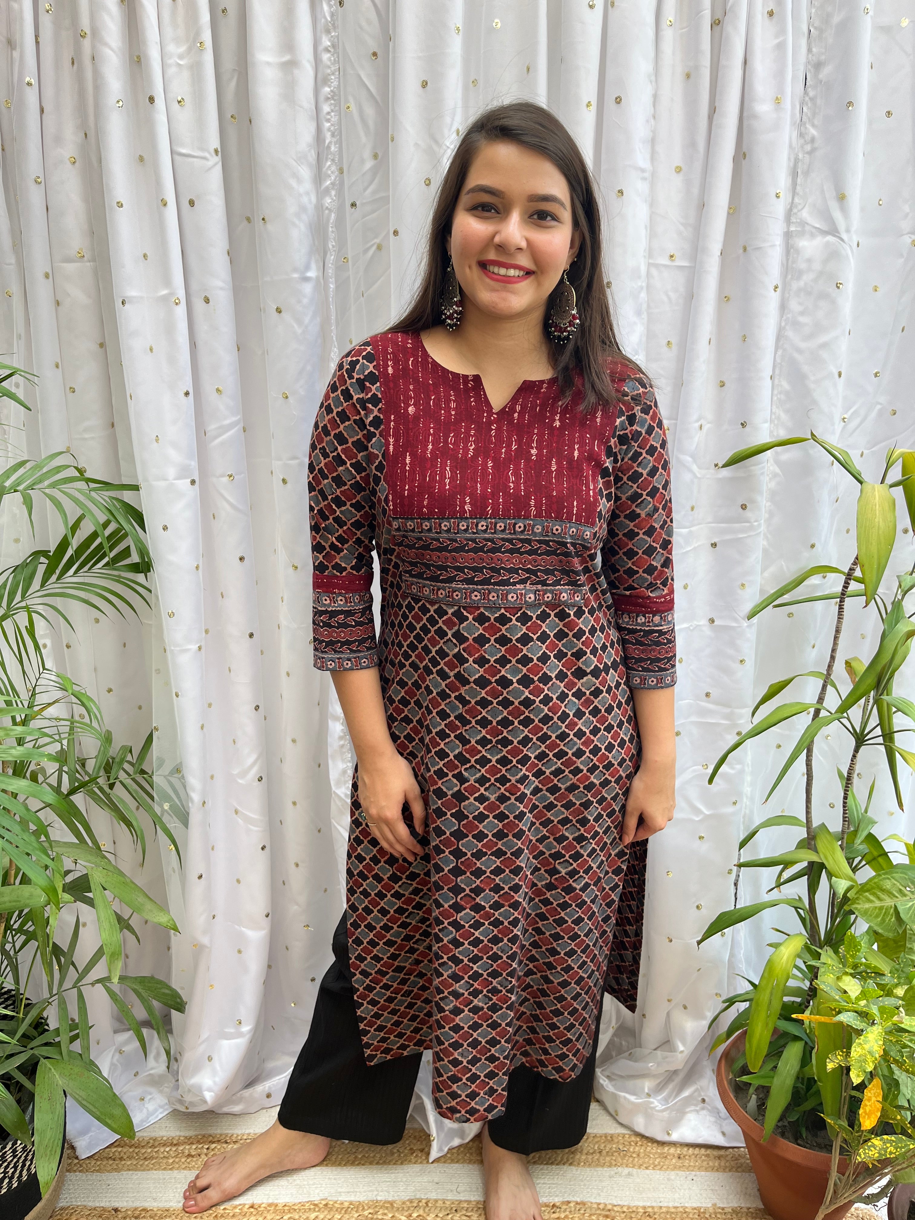 Grey Maroon Geometric yoke kurta - MYSANSKRITAM