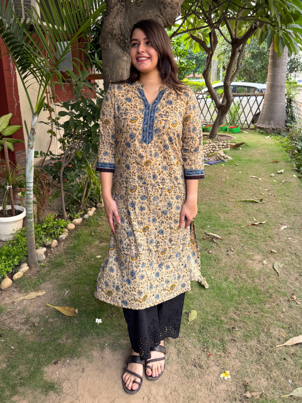 Beige jaal straight kurta by Sanskritam