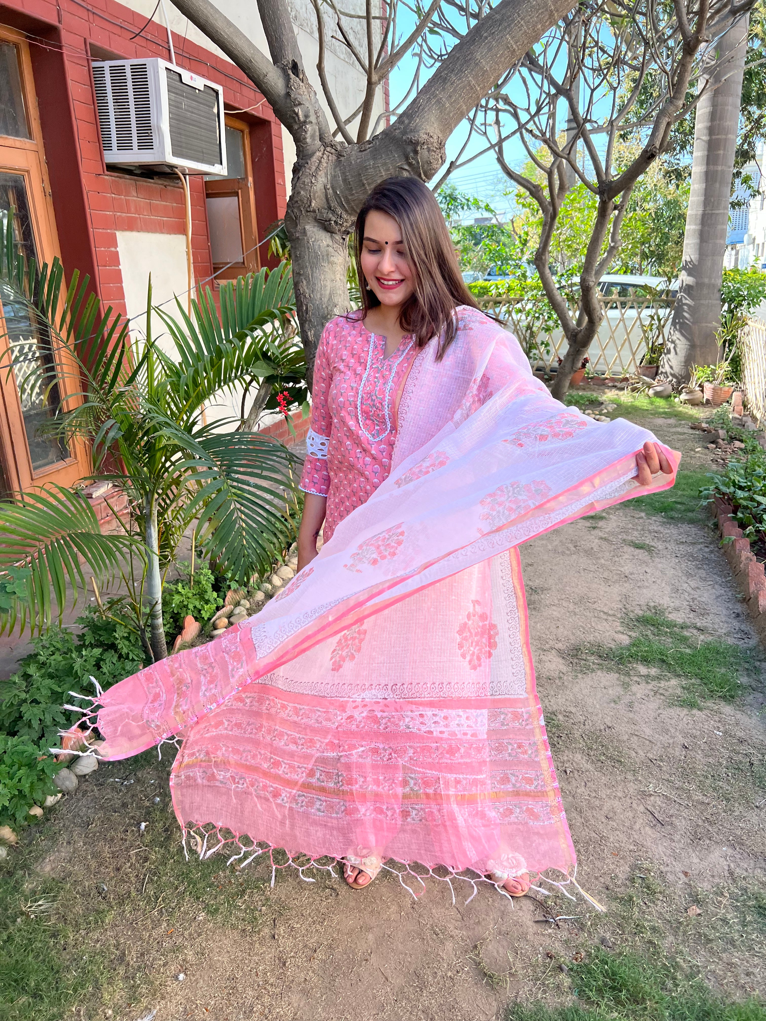 Pink Handblock Full Suit Set - MYSANSKRITAM