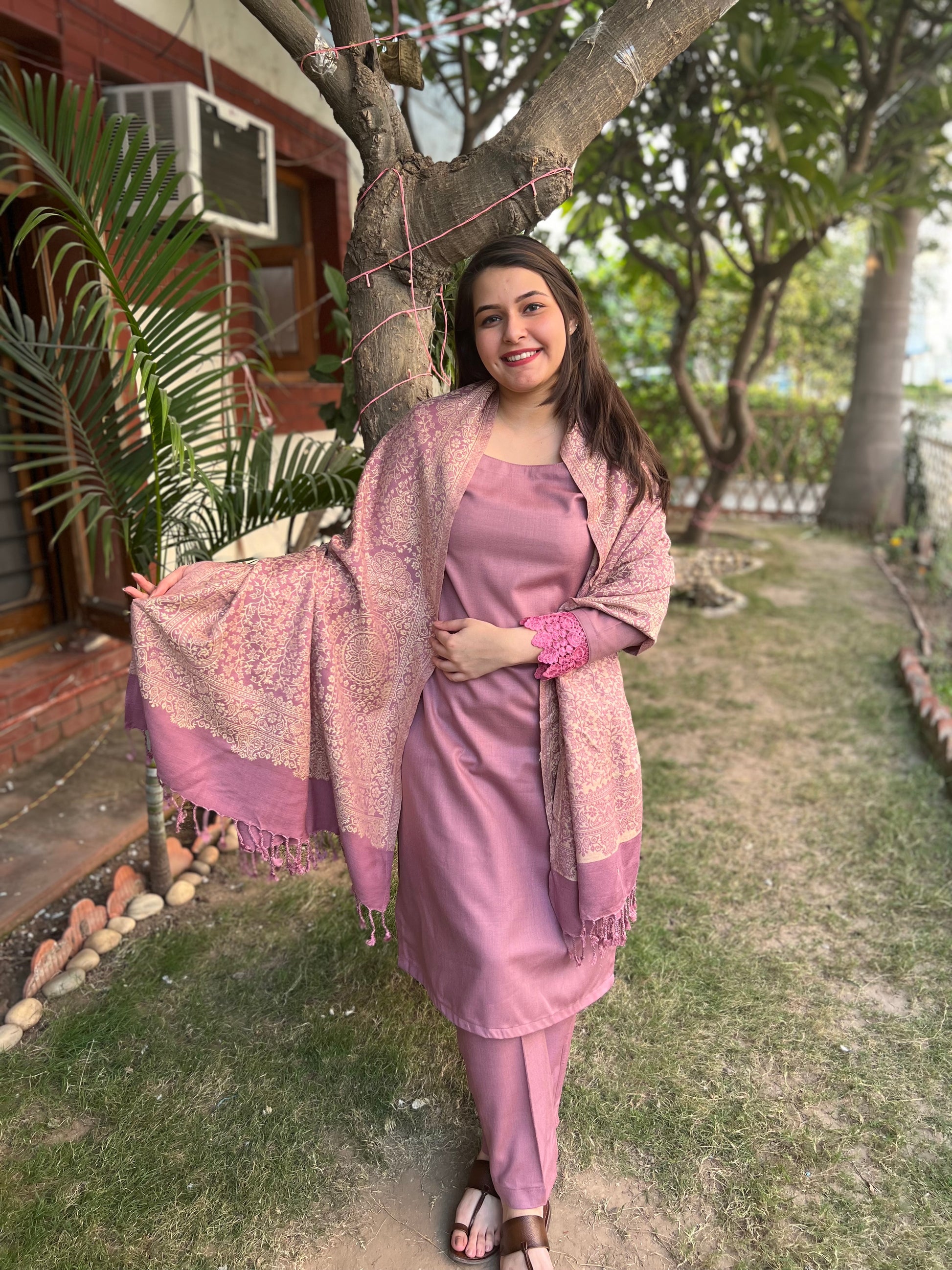 Onion Pink Woollen suit set with Shawl - MYSANSKRITAM