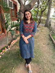 Indigo buti Ajrakh yoke kurta