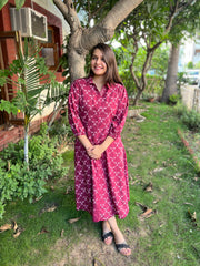 Onion Pink Jaal bagru dress with Pockets - MYSANSKRITAM