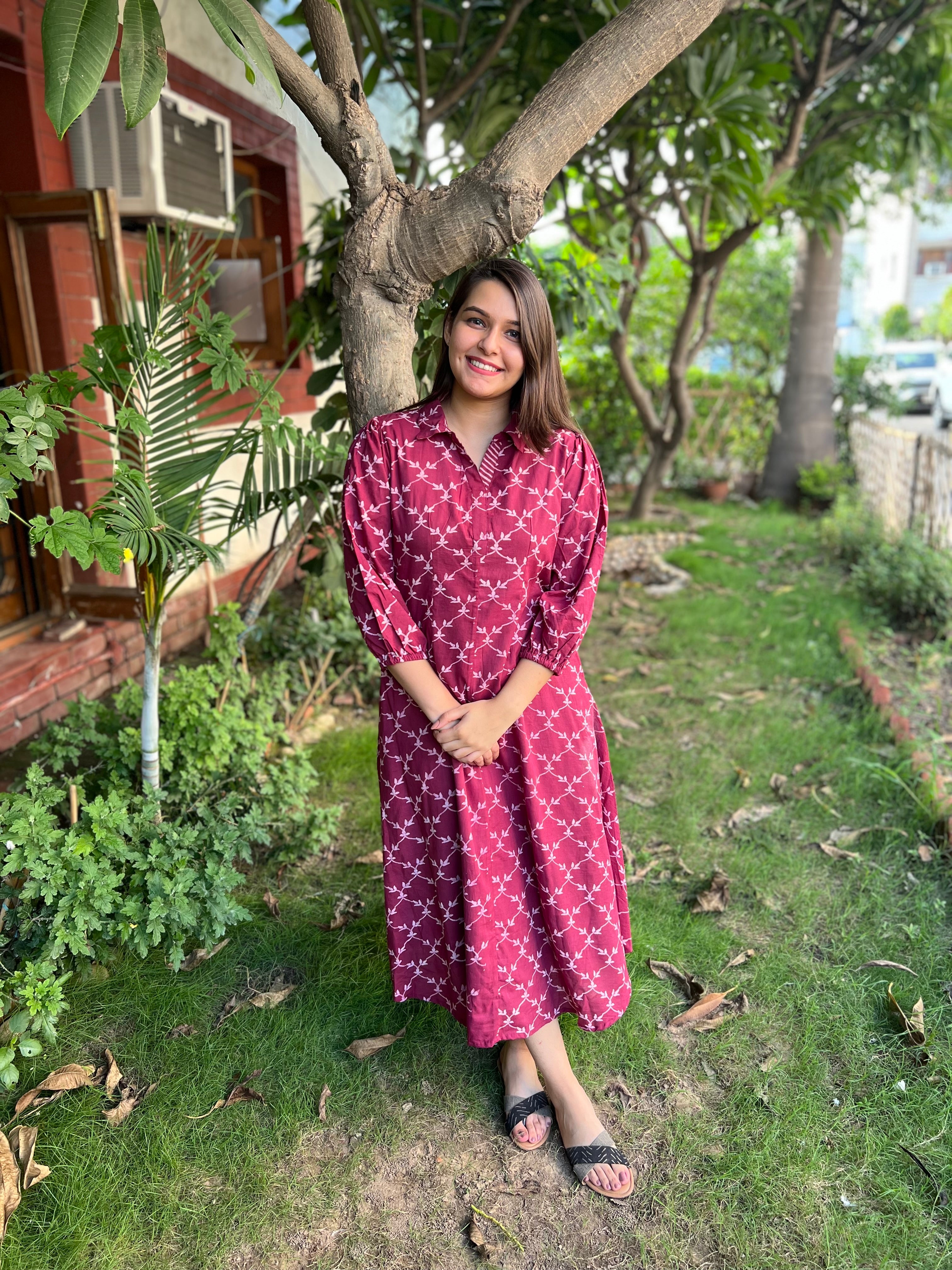 Onion Pink Jaal bagru dress with Pockets - MYSANSKRITAM