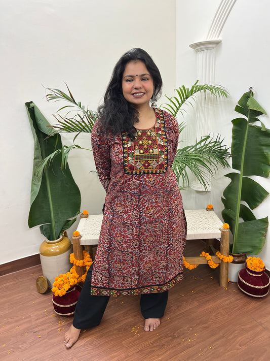 Kalamkari kurta with embroidered yoke - MYSANSKRITAM