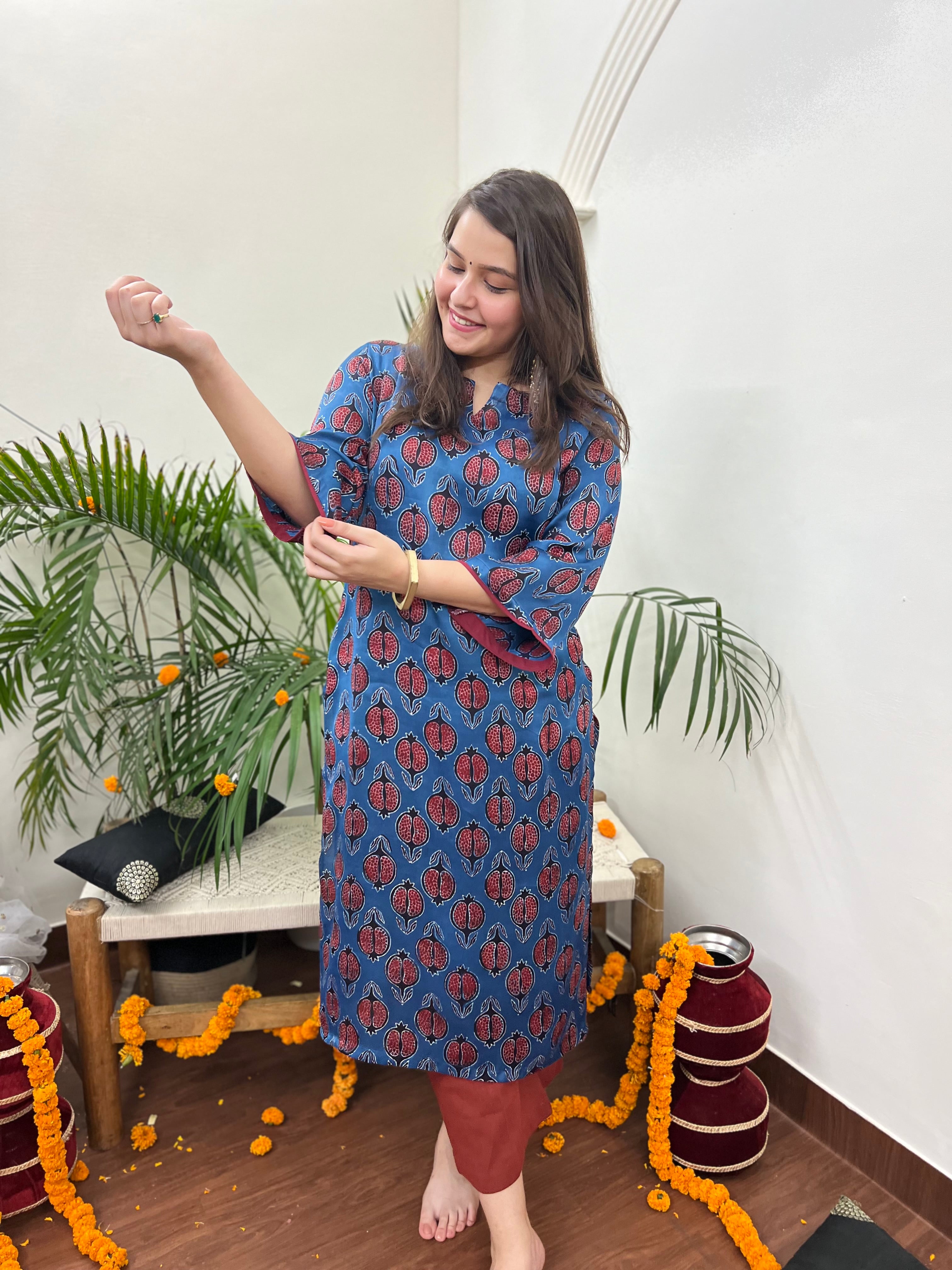 Premium Modal Indigo Anar long kurta - MYSANSKRITAM