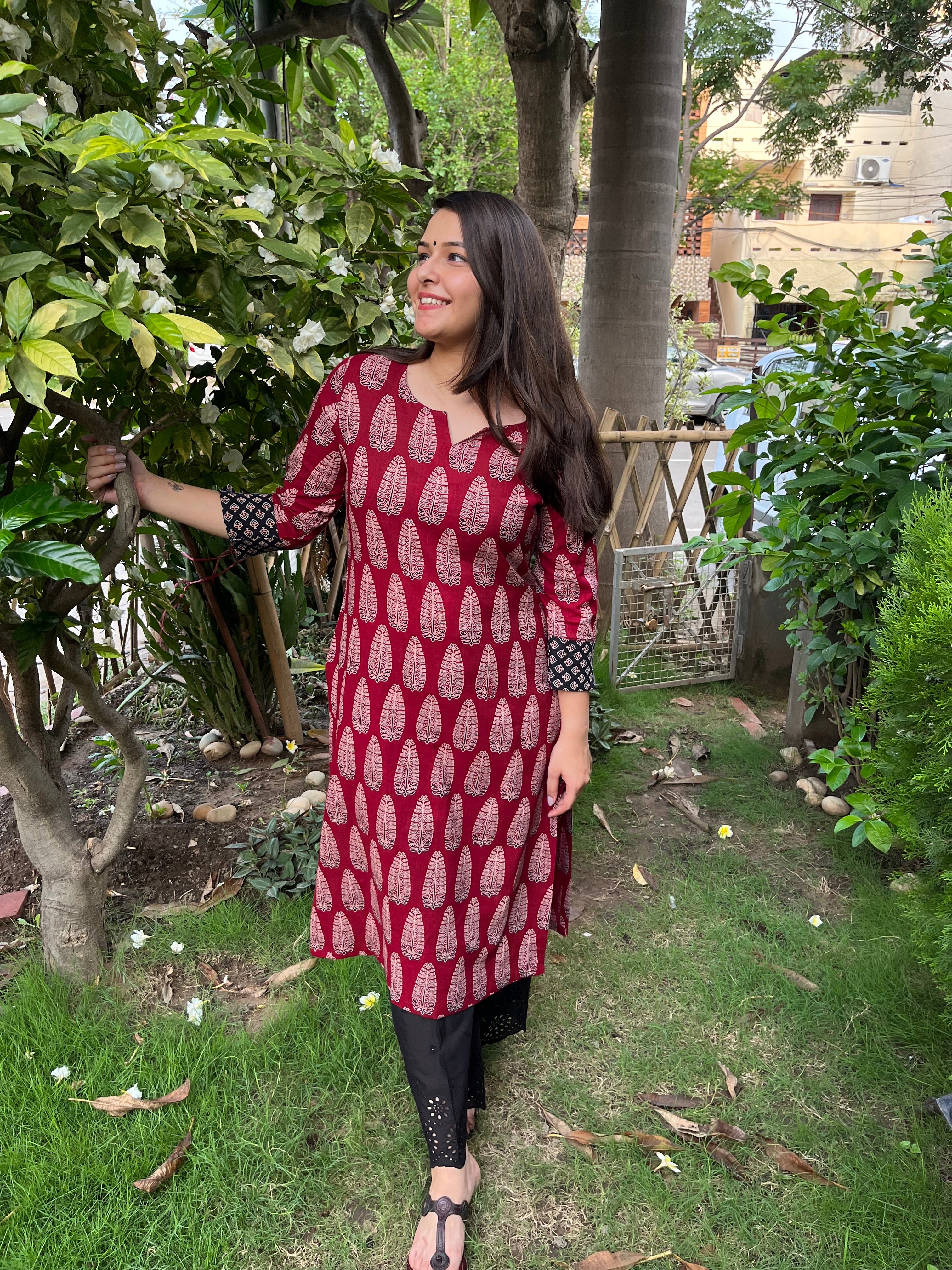 Maroon tree Ajrakh kurta - MYSANSKRITAM