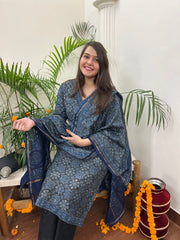 Ajrakh Chanderi Indigo kurta duppata set - MYSANSKRITAM